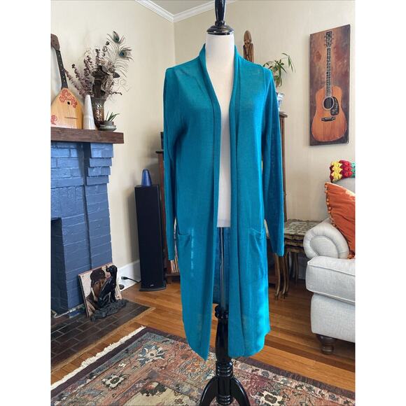 J. Jill LINEN L Tall Turquoise Blue Open Front Cardigan Sweater Pockets Knit - Picture 1 of 14